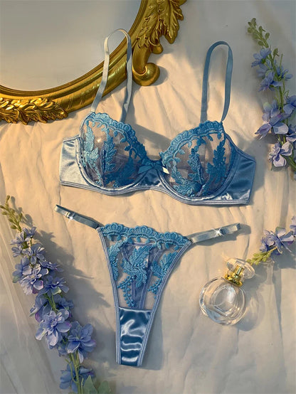 Sexy Adult Lingerie Set Light Blue Ultra Thin Mesh Underwear Delicate Embroidery Bra and Panties Sets Translucent Sexy Lingerie