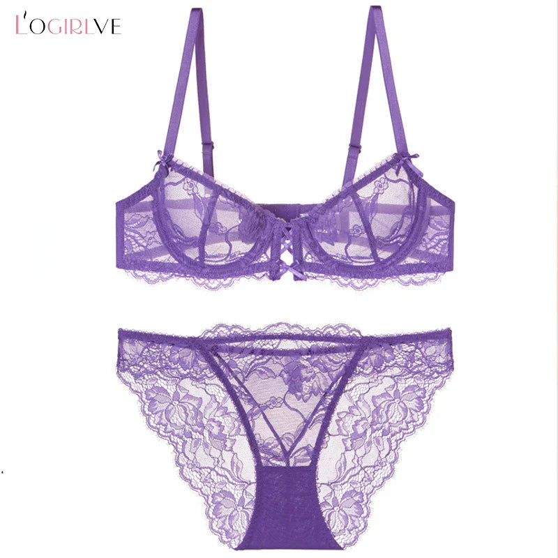 Logirlve Ultra-Thin Hollowed-Out Lace Bra Set for Women Push up Breast Brassiere Sexy Embroidery Underwear Lingerie Ladies
