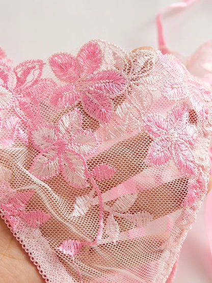 Floral Embroidery Transparent Mesh Bra Brief Sets Ultra Thin Straps Flowers Lace Sexy Lingerie Half Cup Woman Underwear 2025