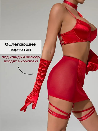 Toucheart Hot Lingerie Women Sexy Tassel Tempting Satin Spliced Mesh ip Skirt with Gloves Split Erotic Lingerie Sexy Underwear