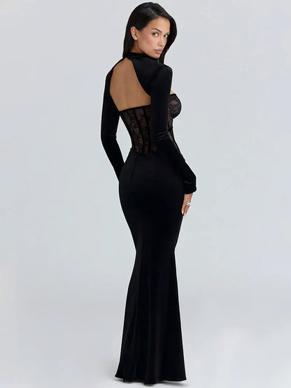 Mozision Long Sleeve Backless Sexy Maxi Dress Women Gown Elegant Lace Print Off-shoulder High Waist Ruched Bodycon Club Dresses