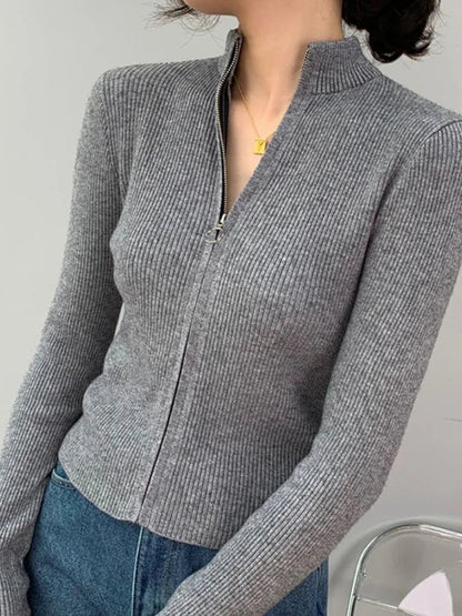 Spring Autumn Zipper Cardigan Women Sweaters Knitted Long Sleeve Stand-up Collar Tops Korean Fashion Short Sweater for Female