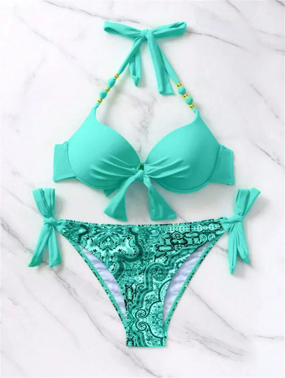 Summer Bikini New Underwired Bra Push Up Swimsuit Women Chest Knot Bow Bathing Suit Outfits Ties Swimwear Women Swimming Suit XL