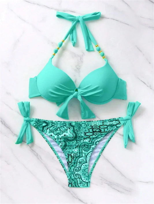 Summer Bikini New Underwired Bra Push Up Swimsuit Women Chest Knot Bow Bathing Suit Outfits Ties Swimwear Women Swimming Suit XL