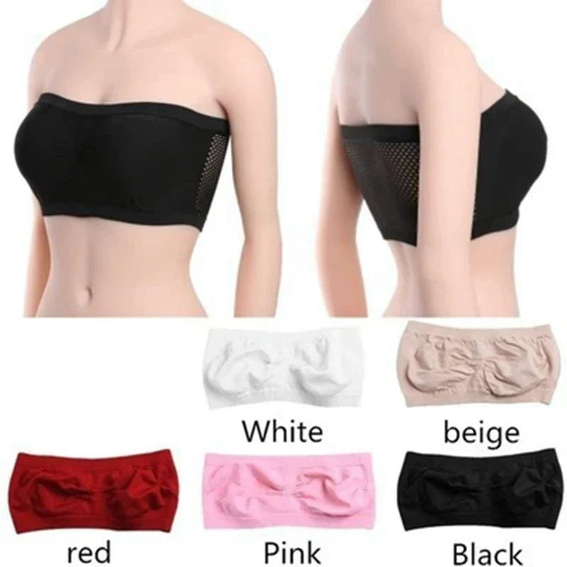 Lady's Sexy Strapless Crop Top Bra Bandeau Boob Tube Brassiere Summer Breathable Mesh Invisible Strapless without Chest Pad Wrap