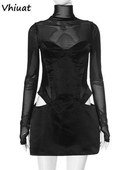 Vhiuat Sexy Cut Out Mesh Patchwork Turtleneck Long Sleeve Wrap Short Dress 2024 Party Evening Elegant Party Birthday Mini Dress