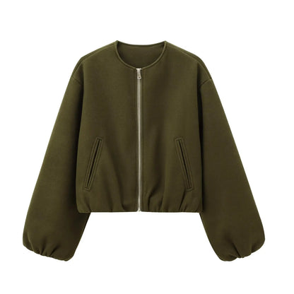 Ladies Fashion Autumn Winter Jacket Women Retro Round Neck Long Sleeve Elastic Hem Zipper Soft Bomber Jacket Women Coat Female