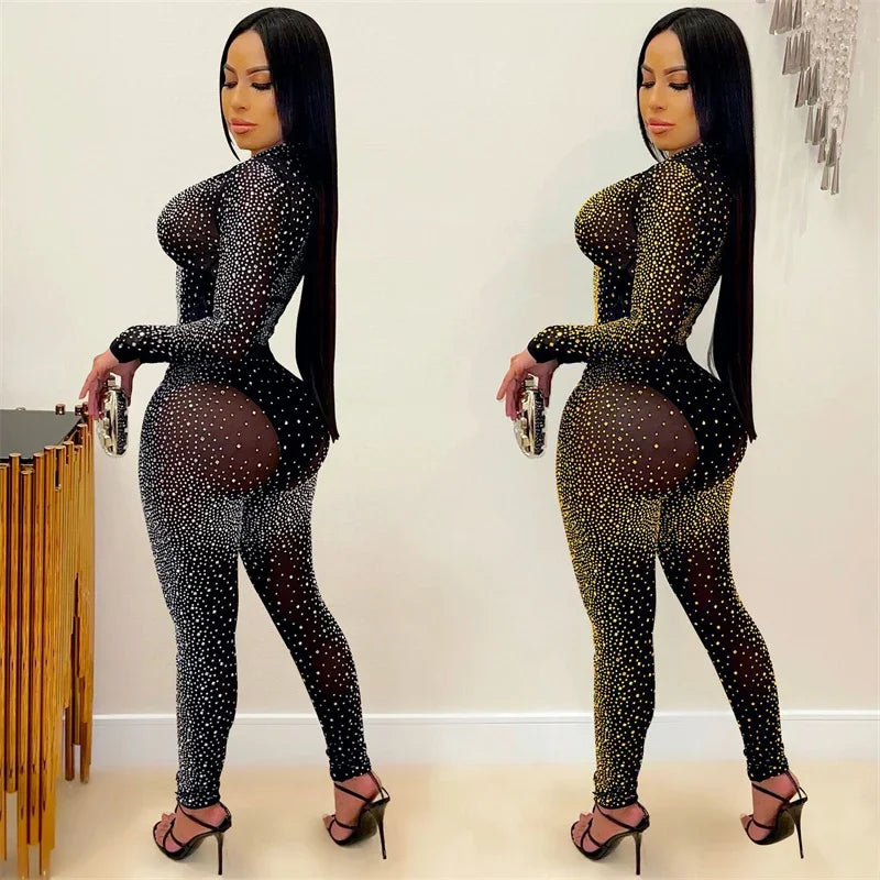 Doyerl Glitter Rhinestones Sexy Club Outfits Woman 2 Piece Set Mesh See Through Long Sleeve Cropped Top and Pants Suit Birthday