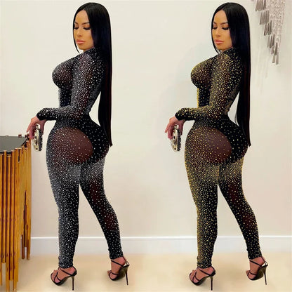 Doyerl Glitter Rhinestones Sexy Club Outfits Woman 2 Piece Set Mesh See Through Long Sleeve Cropped Top and Pants Suit Birthday