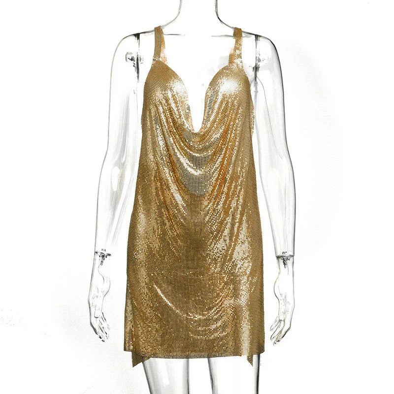 Women's 90s Rave Glitter V-Neck Lace-Up Sequin Mini Dress Y2K Clubwear Sexy Backless Bodycon with Metal Detail for Party