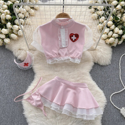 Sexy Lace Gauze Patchwork Strap Bodysuit Hollow Sleeveless Slim backless Women Erotic Lingerie Hotsweet Bow Night Maid Cosplay