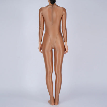 Womens Glossy Full Body Jumpsuit See Through Sheer Catsuits Bodystockings Long Sleeve Footed One Piece Gym Yoga Tights Bodysuit