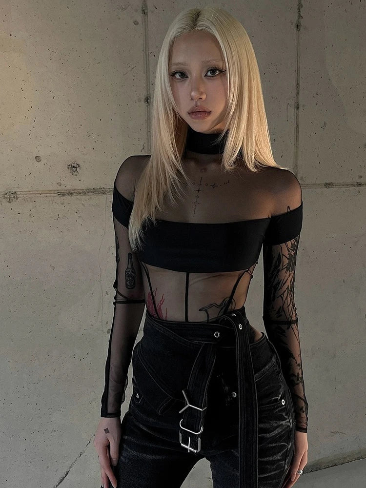 See Through Mesh Splicing Sexy Bodysuit Lingerie One-pieces Y2k Clothes Long Sleeve Body Feminino Hot Tops For Women Rave Outfit