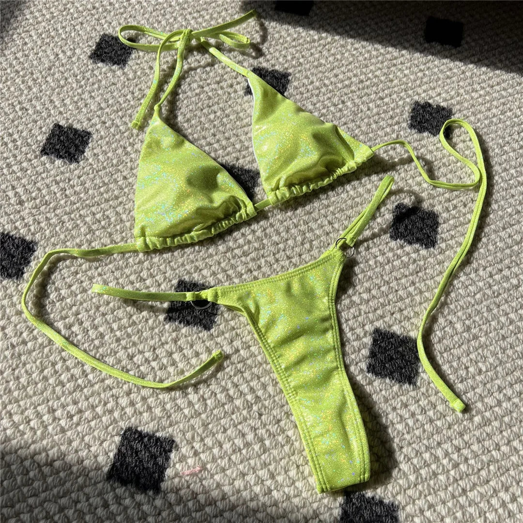 Glitter Sparkling High Cut Halter Bikini Female Swimsuit Women Swimwear Two-pieces Bikini set Bather Bathing Suit Swim V5102S