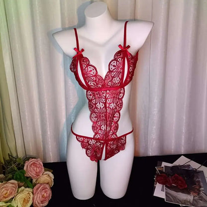 Sweet Deep V Neck Lace Bow Bodysuit Mesh Hollow Transparent Women Lingerie Jumpsuits Sleeveless Lace Sling Nightwear Gifts