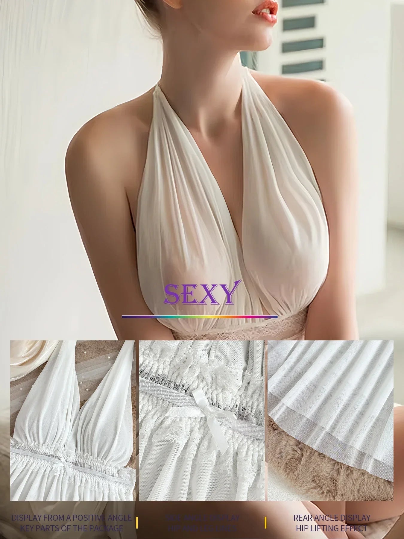 Sexy Lace Splicing Mesh Halter Deep V Backless Lingerie Nightgown for Women All-Season Homewear Comfortable Women's Dress