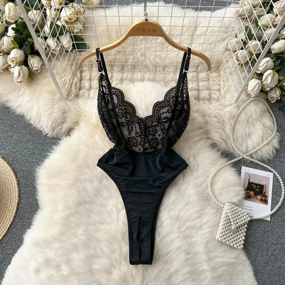 Sexy Lace Gauze Patchwork Strap Bodysuit Hollow Sleeveless Slim backless Women Erotic Lingerie Hotsweet Bow Night Maid Cosplay