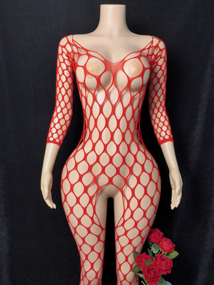 Bodycon Elasticity Transparent Mesh Long sleeves Bodysuit Women's Fashion Pajamas Fishnet Short Night Club Party Mesh Clothes