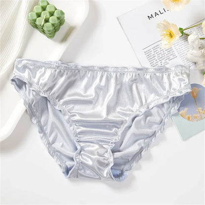 Ladies Frill Trim Satin Ice Silk Seamless No Show Underwear Invisible Briefs Plus Size Women's Panties S/M/L/XL