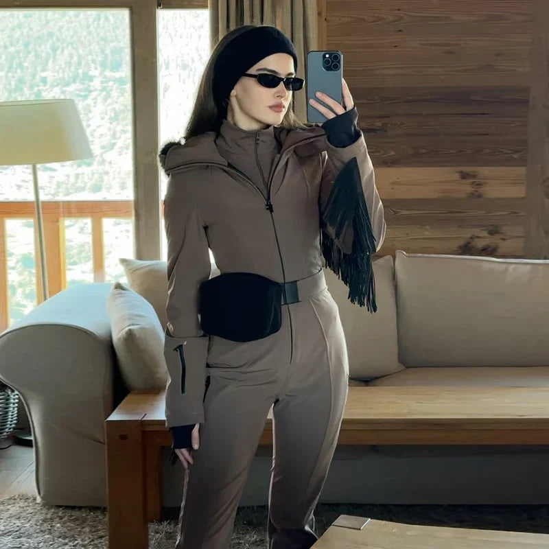 Casual Solid Tassels Women's Ski Suit Zippers Fur Hooded Slim High Waist Lady Jumpsuits 2025 Winter Fashion Female Warm Skiwear