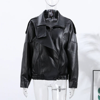 Stand Collar Women's Jacket Full Sleeve Double Button Solid Female Leather Jackets 2025 Autumn Fashion High Street Lady Outwears