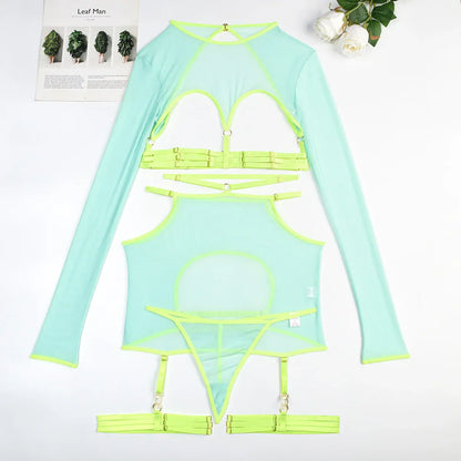 Diccvicc Long Sleeve Lingerie Sexy Sheer Mesh Porn Top Crotchless Skirt Naked Bandage Women Underwear Uncensored Erotic Costume