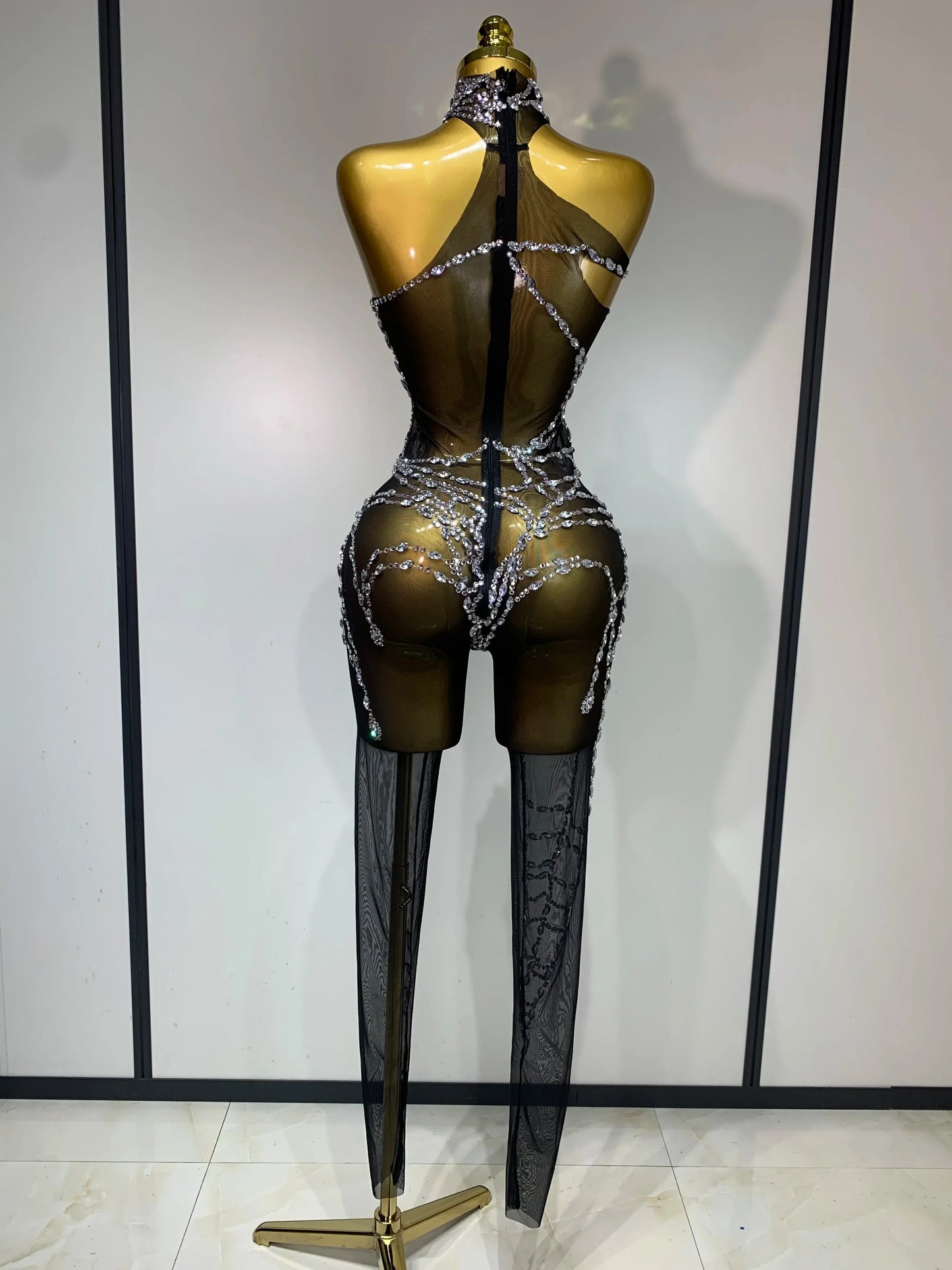 STOCK Sparkly Diamond Women Sexy Mesh Jumpsuit Nightclub Bar Party Show Gogo Dancer Clothing Drag Queen Outfit Stage Costume