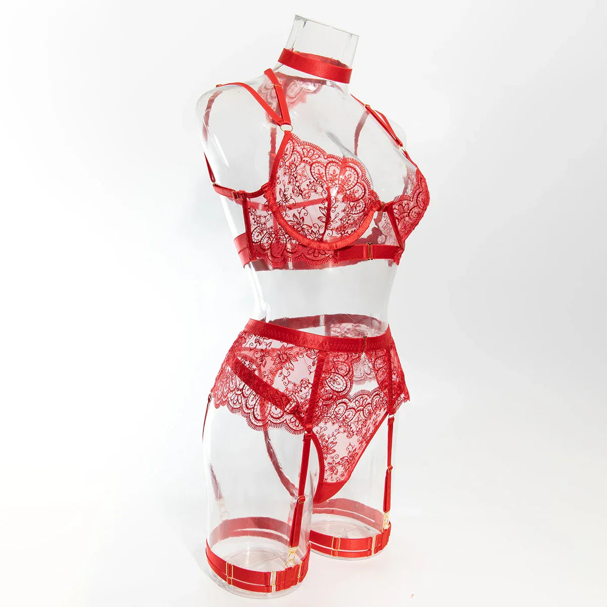 Luxury Embroidered Metal Buckle Complicated Erotic Intimate Set Women's Sexy Transparent Front Open Lingerie Sets Onlyfans kit