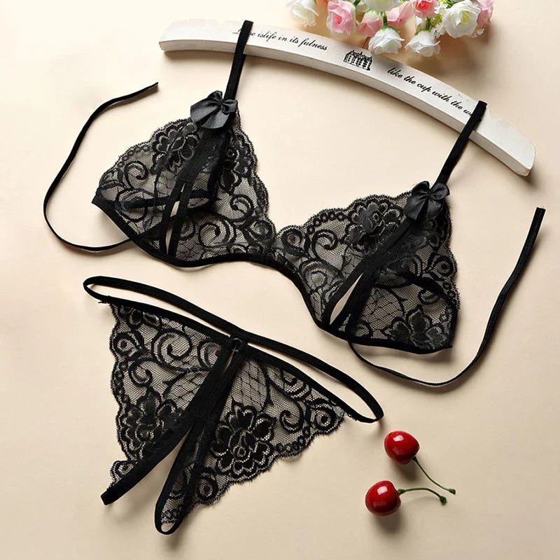 Sexy Women's Halter Corset Deep V Crotchless Bra Set Lace Bow Tie Temptation Lingerie Tulle See-through Erotic Super Short Skirt