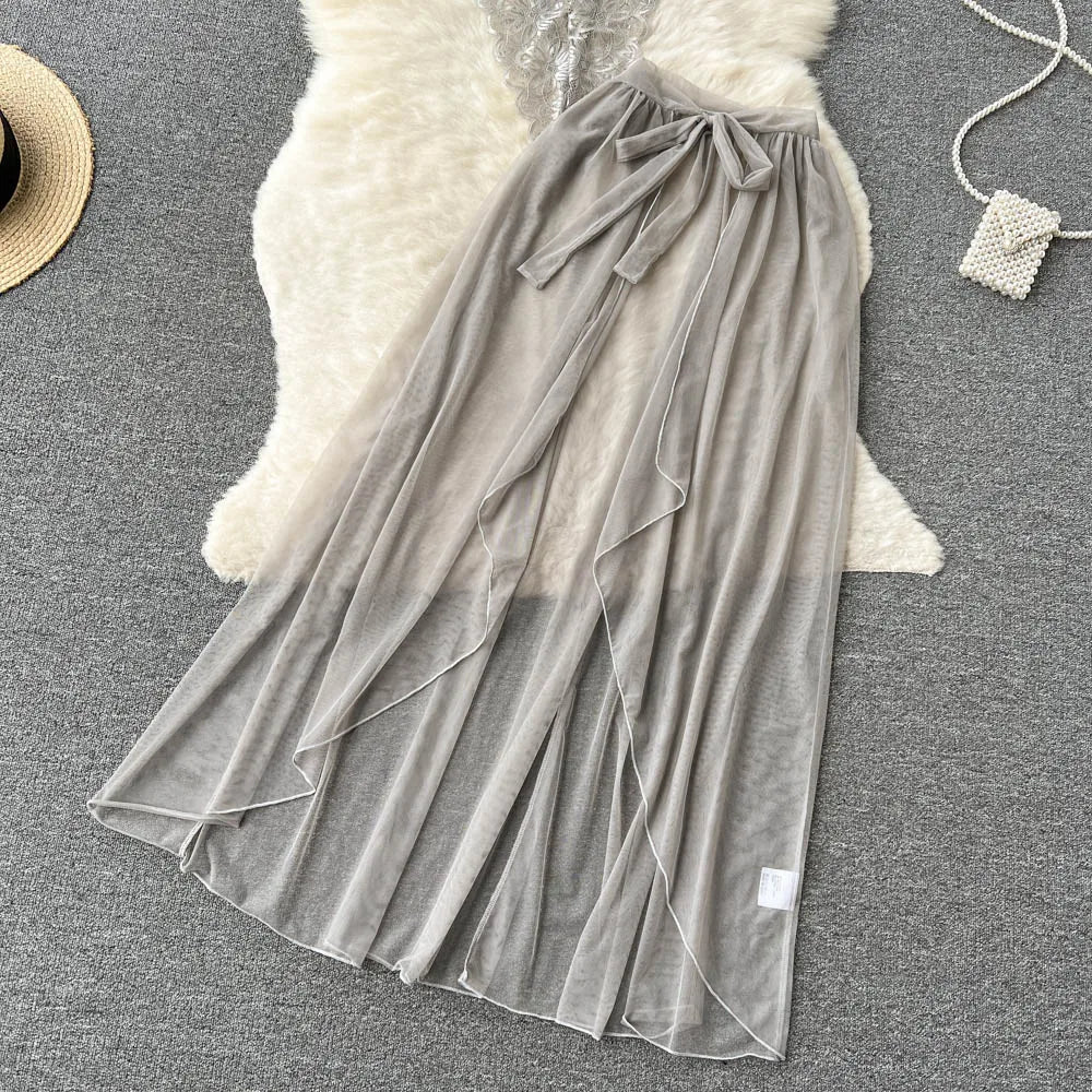 SINGREINY Lace Sensual Erotic Two Pieces Suits Camis Short Bodysuits Tops+Midi Long Mesh Chiffon Skirts Women Underwear Sets