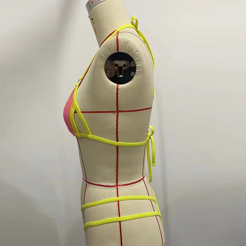 Circyy Bathing Suit Women Neck-mounted Sexy Split Swimsuit Striped Hollow Out Thongs Summer 2025 New Beach Fashion Bikini Set