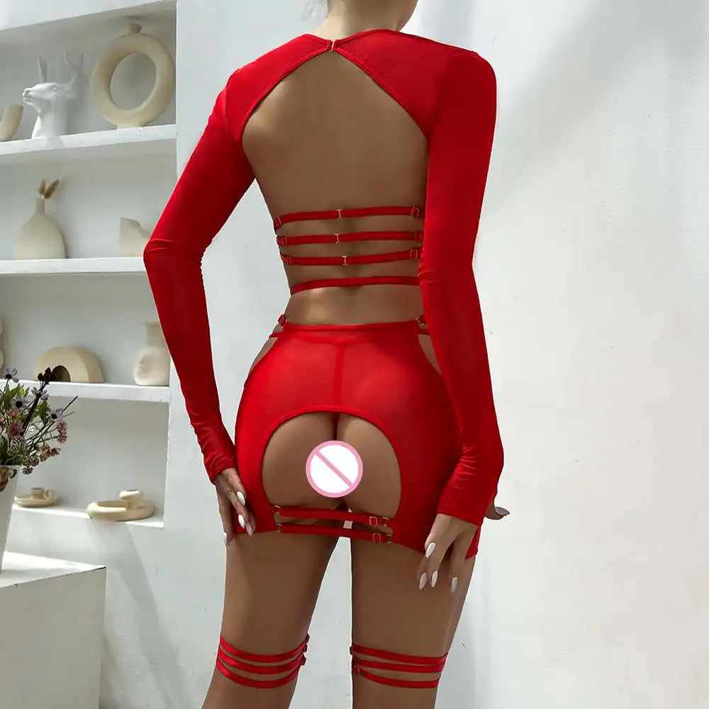 Diccvicc Long Sleeve Lingerie Sexy Sheer Mesh Porn Top Crotchless Skirt Naked Bandage Women Underwear Uncensored Erotic Costume