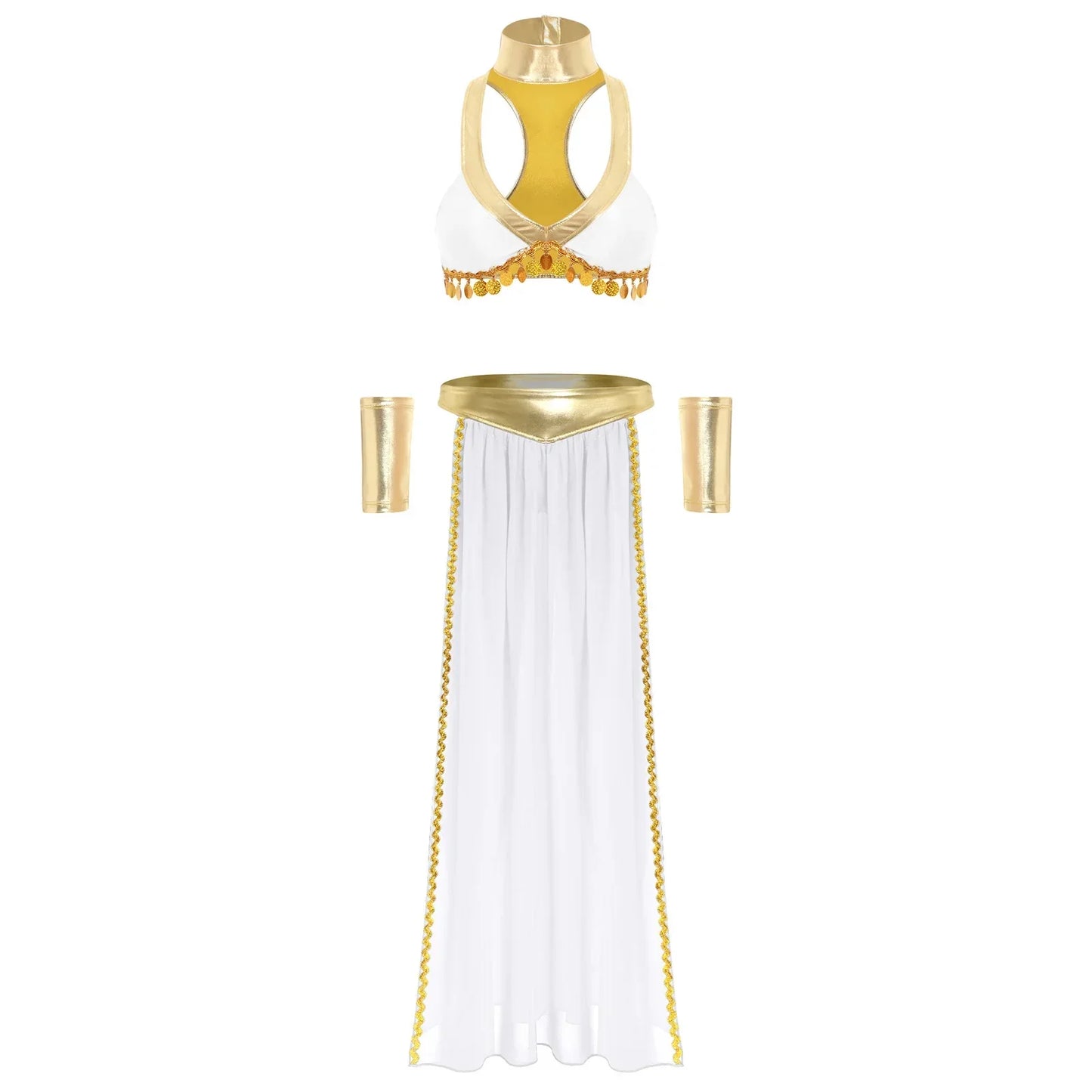 Women Halloween Cleopatra Ancient Egyptian Queen Sun Goddesses Cosplay Costume Crop Top with Skirt Choker Cuffs Belly Dance Set