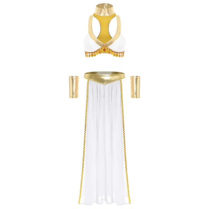 Women Halloween Cleopatra Ancient Egyptian Queen Sun Goddesses Cosplay Costume Crop Top with Skirt Choker Cuffs Belly Dance Set