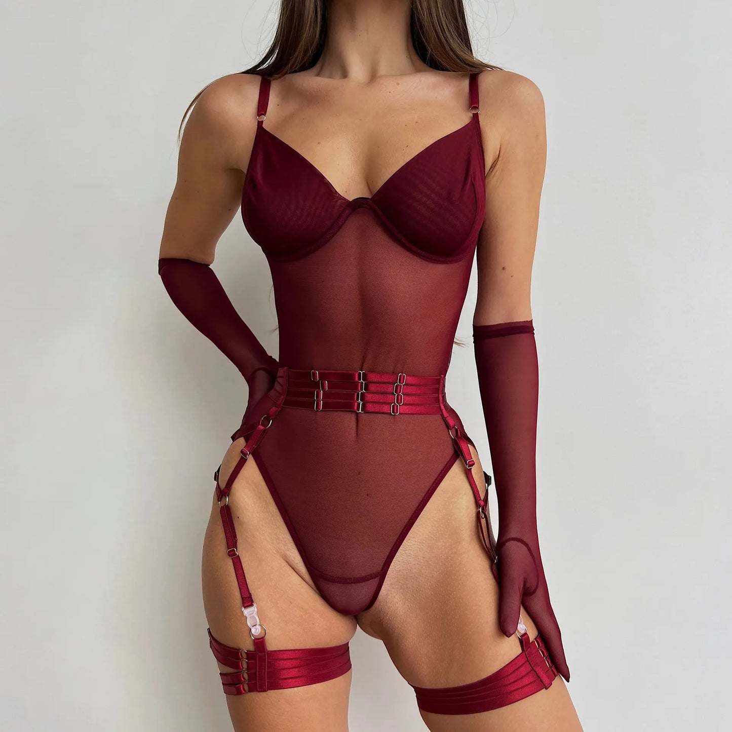 SINGREINY Sensual Sheath Solid Lingerie Rompers Fashion Oversleeve Strapless Slim Playsuits Women Sheer Mesh Sexy Bodysuits