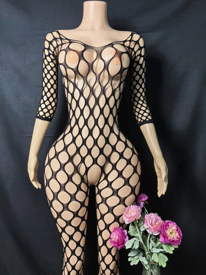 Bodycon Elasticity Transparent Mesh Long sleeves Bodysuit Women's Fashion Pajamas Fishnet Short Night Club Party Mesh Clothes