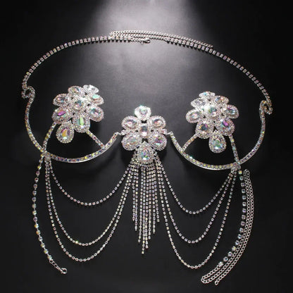 Colorful Rhinestone Flower Chest Bracket Top for Women Outfit Festival Lingerie Sexy Tassel Bra Chain Necklace Bikini Jewelry