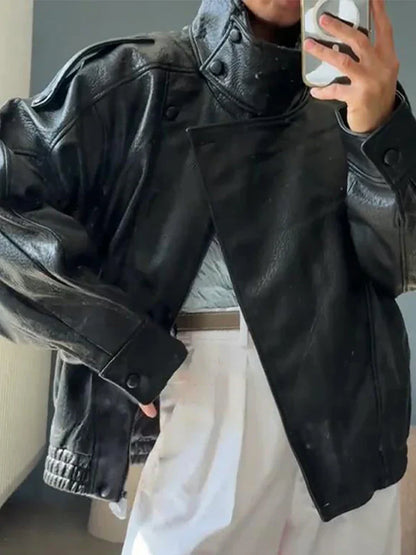 Stand Collar Women's Jacket Full Sleeve Double Button Solid Female Leather Jackets 2025 Autumn Fashion High Street Lady Outwears