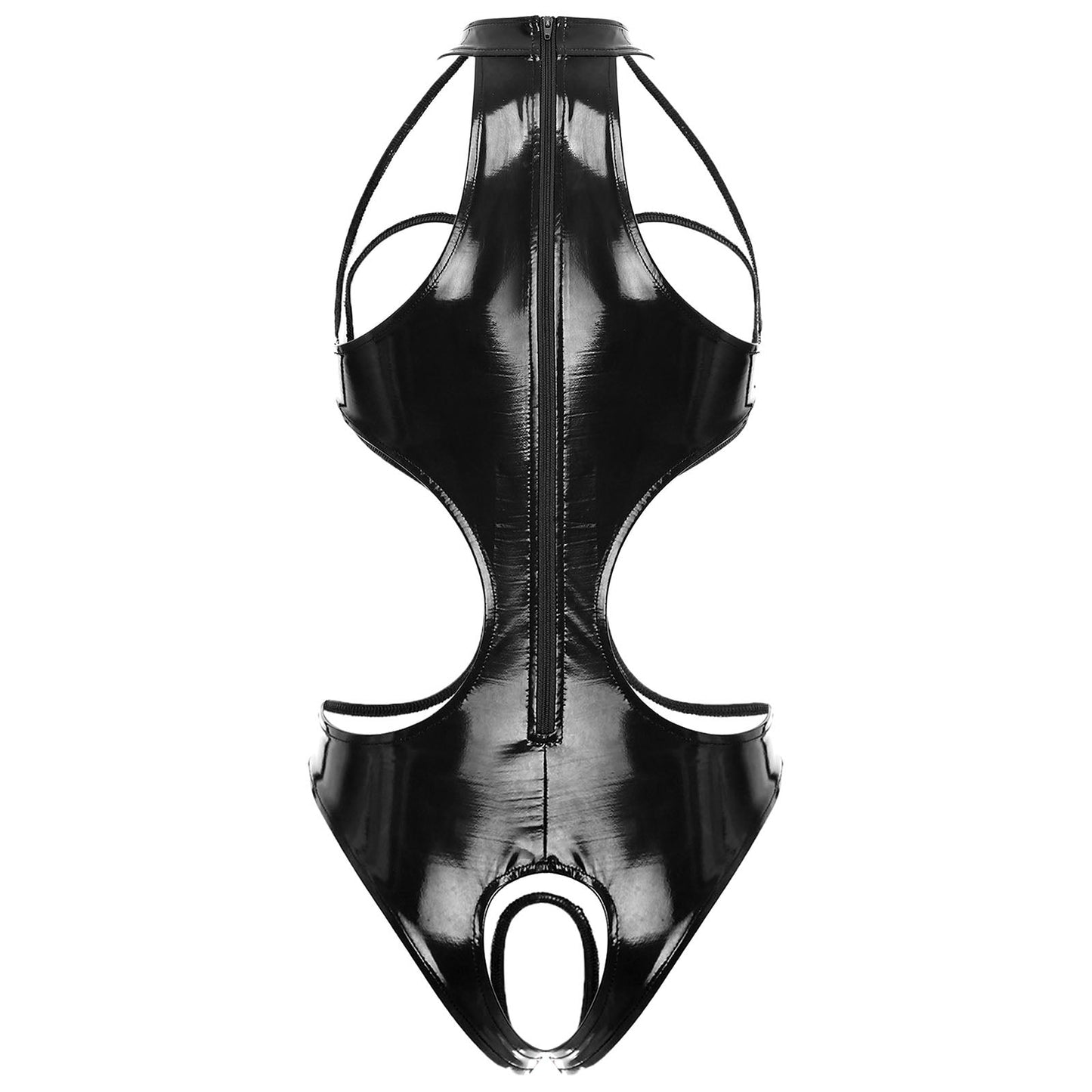 Womens Wet Look Faux Leather Hollow Out Open Breast Leotard Bodysuit Halter Neck Crotchless Jumpsuit Lingerie Teddy Nightwear