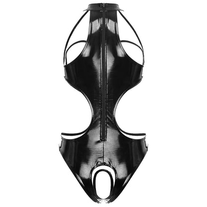 Womens Wet Look Faux Leather Hollow Out Open Breast Leotard Bodysuit Halter Neck Crotchless Jumpsuit Lingerie Teddy Nightwear
