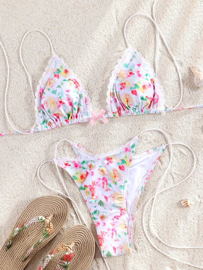 ZRTAK Triangle Bikini Set Sexy Swimwear Women 2025 Bikinis Floral Print Swimsuit Micro Thong Bandage Bathing Suits