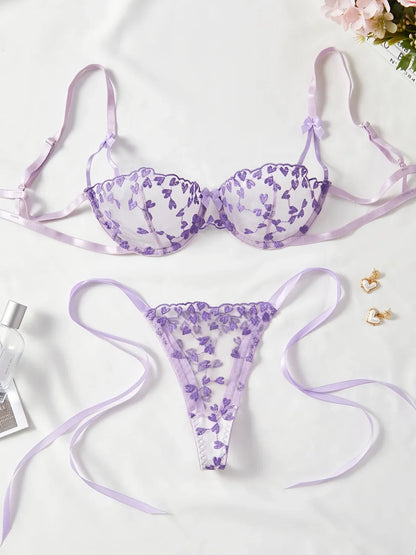 Exotic Fantasy Lingerie Underwire Bra Strap Panties 2Piece Sheer Mesh Embroidery Underwear for Women