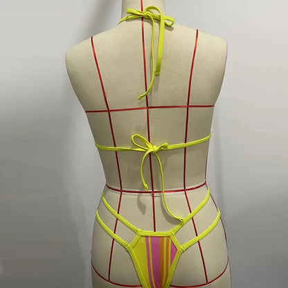 Circyy Bathing Suit Women Neck-mounted Sexy Split Swimsuit Striped Hollow Out Thongs Summer 2025 New Beach Fashion Bikini Set
