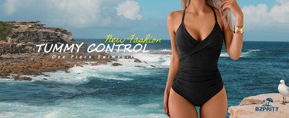B2prity Women's One Piece Swimsuits Tummy Control Front Cross Bathing Suits Tie Back Slimming V Neck Swimwear
