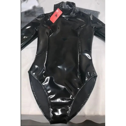 S-5XL Turtleneck Wet Look PVC Catsuit Shiny PU Leather Bodysuit Tights Sexy Cosplay Body Teddies Swimsuit Leotard Clubwear Tops