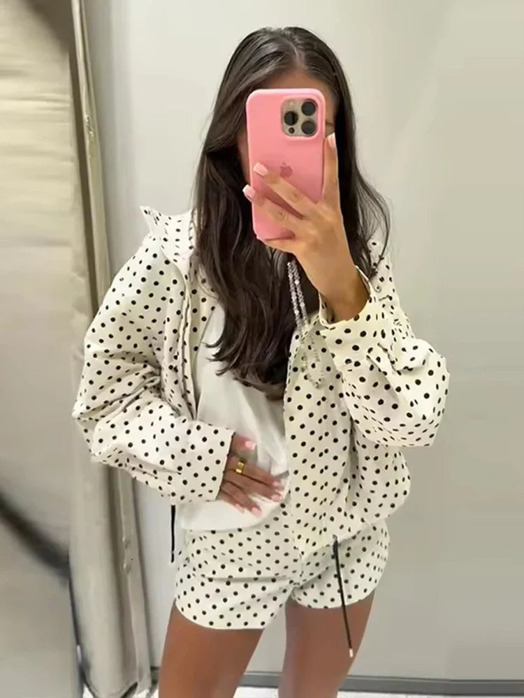 Polka Dot Print Short Coats Women's High Street Long Sleeve Jackets for Women 2025 Elegant Office Ladies Casual Outerwear