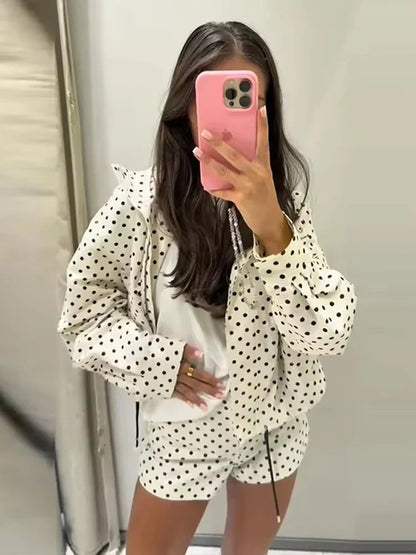 Polka Dot Print Short Coats Women's High Street Long Sleeve Jackets for Women 2025 Elegant Office Ladies Casual Outerwear