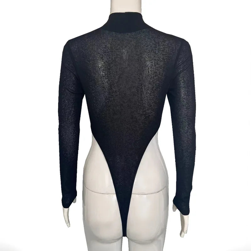 Sexy Black Single Sleeve Mesh See-Through Bodysuit Women Turtleneck Bodies High Leg Cut Out Hot Thong Women's Bodysuits