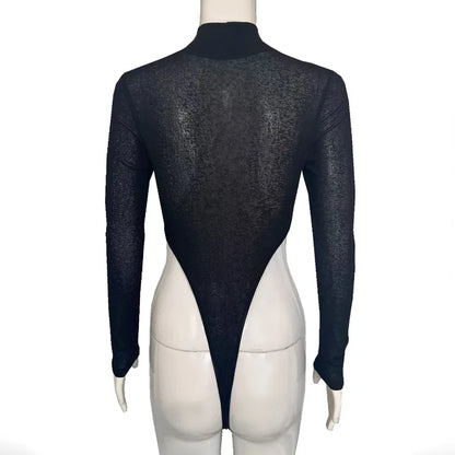 Sexy Black Single Sleeve Mesh See-Through Bodysuit Women Turtleneck Bodies High Leg Cut Out Hot Thong Women's Bodysuits