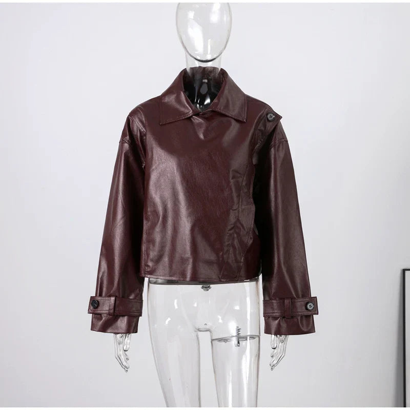 Street Stand Collar Women's Leather Jacket Loose Long Sleeve Zipper Pockets Chic Female Coats 2025 Autumn Winter Lady Outerwear